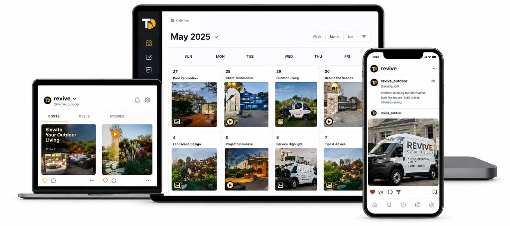 TradiesPost on laptop, tablet and mobile - edit captions and choose designs
